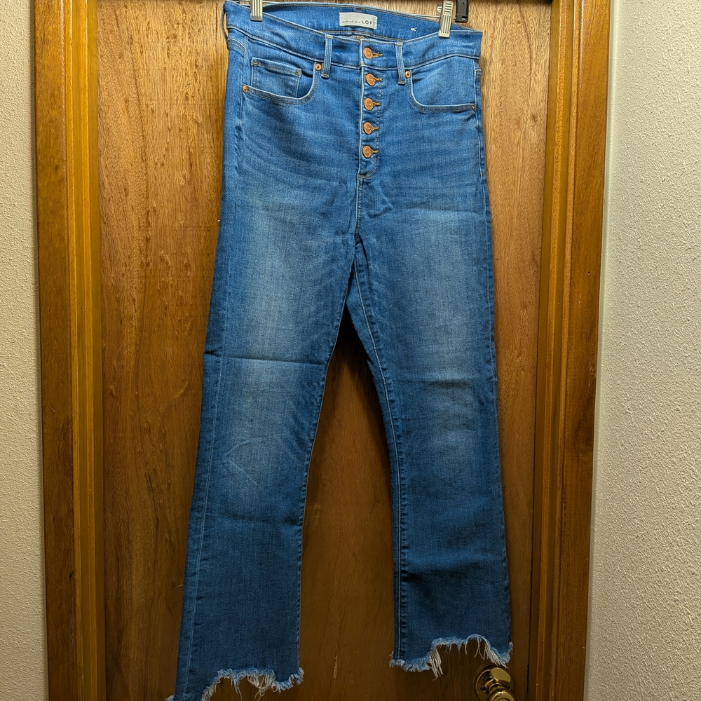 LOFT Blue Flare Jeans with Frayed Hem